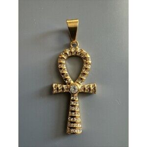 Gold Plated Cubic Zirconia Stainless Steel Egyptian Ankh Cross Pendant Necklace